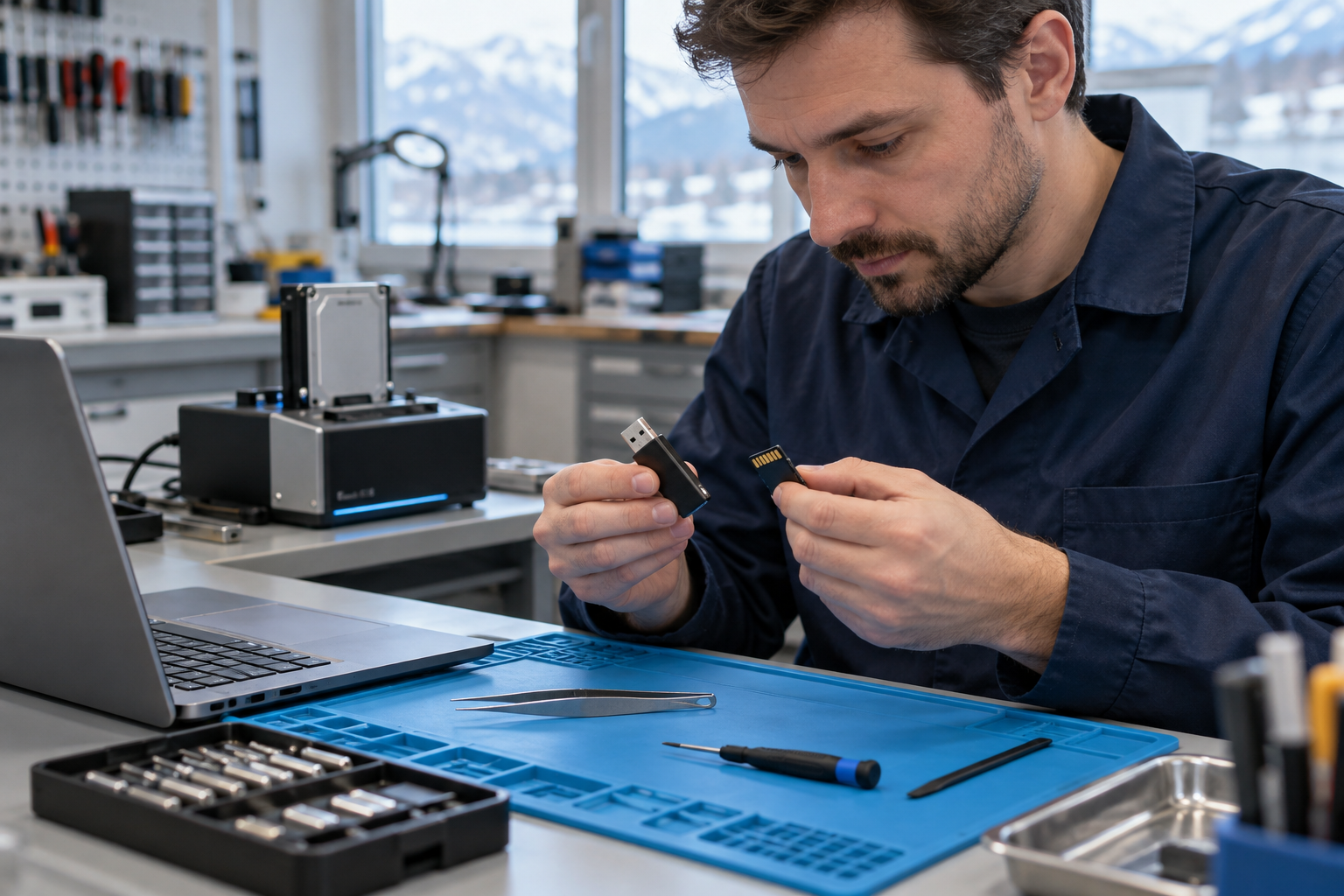 Symbolbild: USB-Stick und Speicherkarte werden vorsichtig geprüft