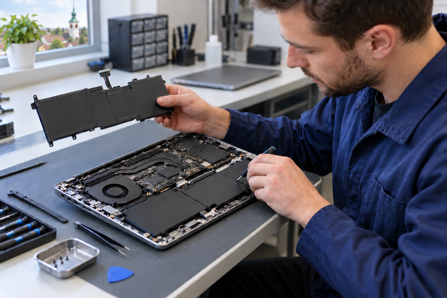 Akku wird aus einem geöffneten Notebook ausgebaut