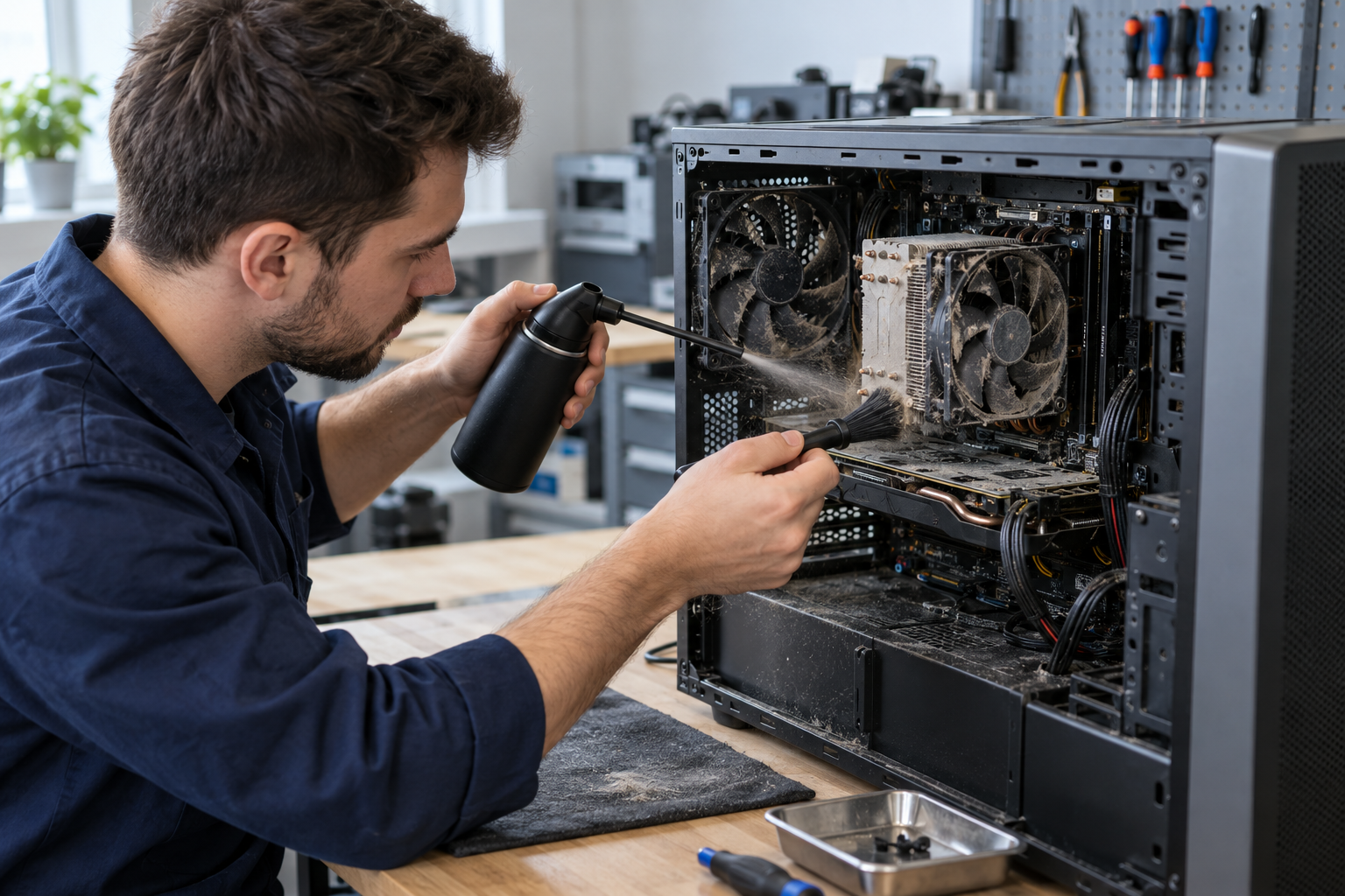 Staubige Lüfter in einem geöffneten PC-Minitower werden gereinigt
