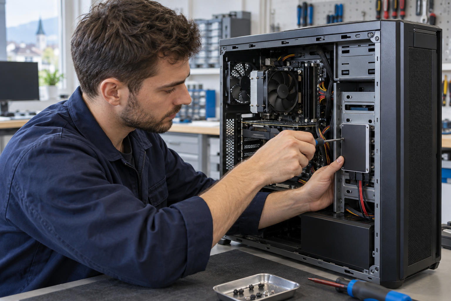 SSD wird in einem geöffneten PC-Minitower eingebaut